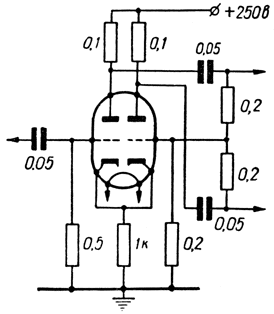 Схема применения лампы 6Н7С в каскаде фазоинвертора