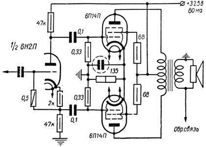 Схема применения лампы 6П14П в двухтактном каскаде усилителя низкой частоты