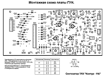 Монтажная схема платы ГУН синтезатора 
	КВ трансивера "Контур-116". (щелкните мышью для увеличения)