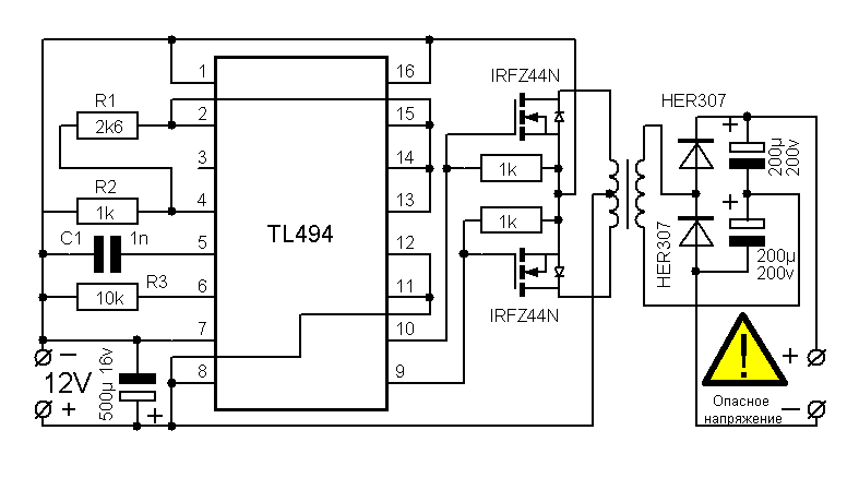 двухтактный импульсный преобразователь, собранный на ШИМ-контроллере TL494
