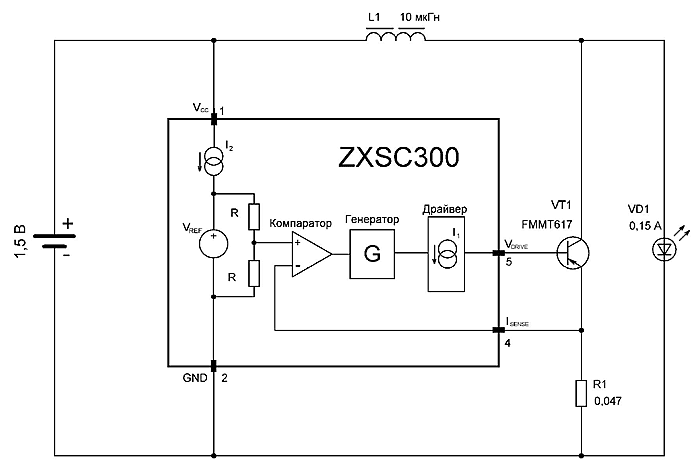 одна из типовых схем питания белого светодиода импульсным током с помощью ZXSC300