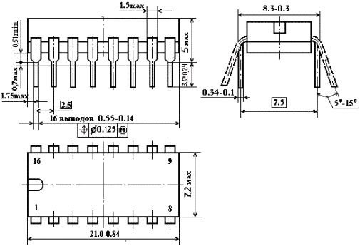 Габаритный чертеж корпуса К174ХА36А и К174ХА36Б