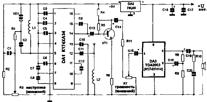 FM-радиоприемник 88-l08 мHz на К174ХА34 с УЗЧ 10Вт на ТDА2003 