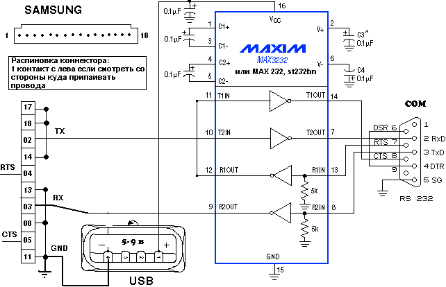  Схема кабеля мобильный/компьютер для Samsung 