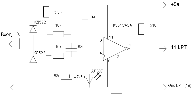 Схема сопряжения звукового выхода радиостанции с параллельным портом компа.